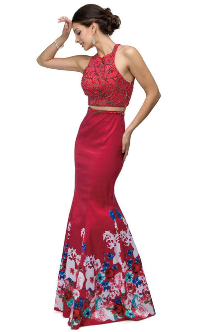 Dancing Queen - 9385TAF 2-Piece Beaded Mermaid Dress In Red