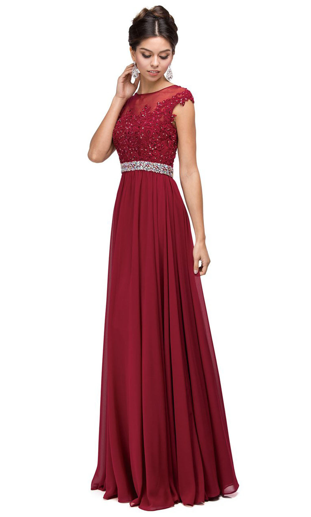 Dancing Queen - 9400 Beaded Lace Illusion Neckline A-Line Gown In Burgundy