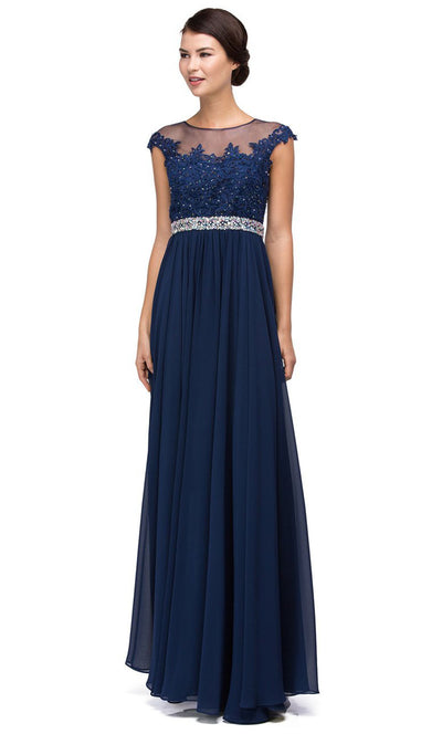 Dancing Queen - 9400 Beaded Lace Illusion Neckline A-Line Gown In Blue