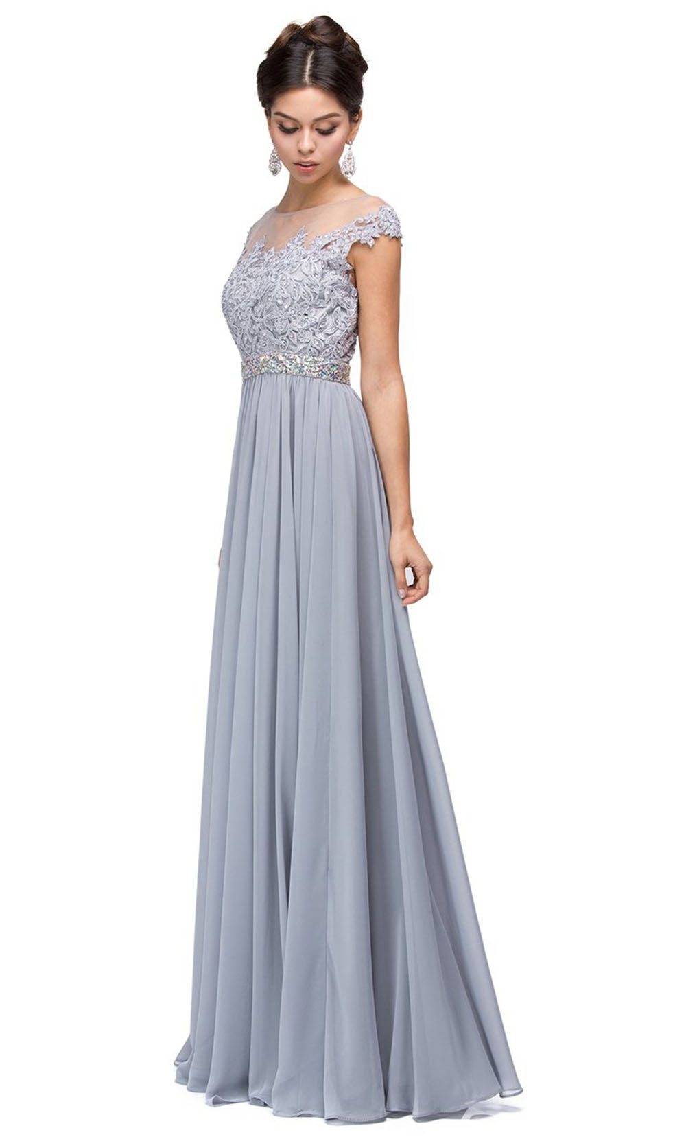 Dancing Queen - 9400 Beaded Lace Illusion Neckline A-Line Gown In Silver & Gray
