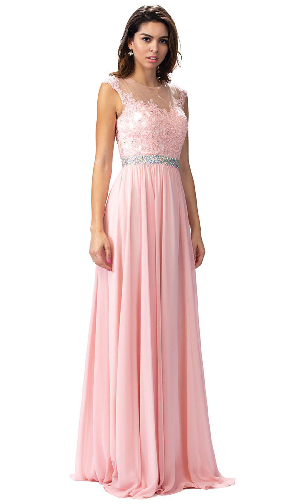 Dancing Queen - 9400 Beaded Lace Illusion Neckline A-Line Gown In Pink