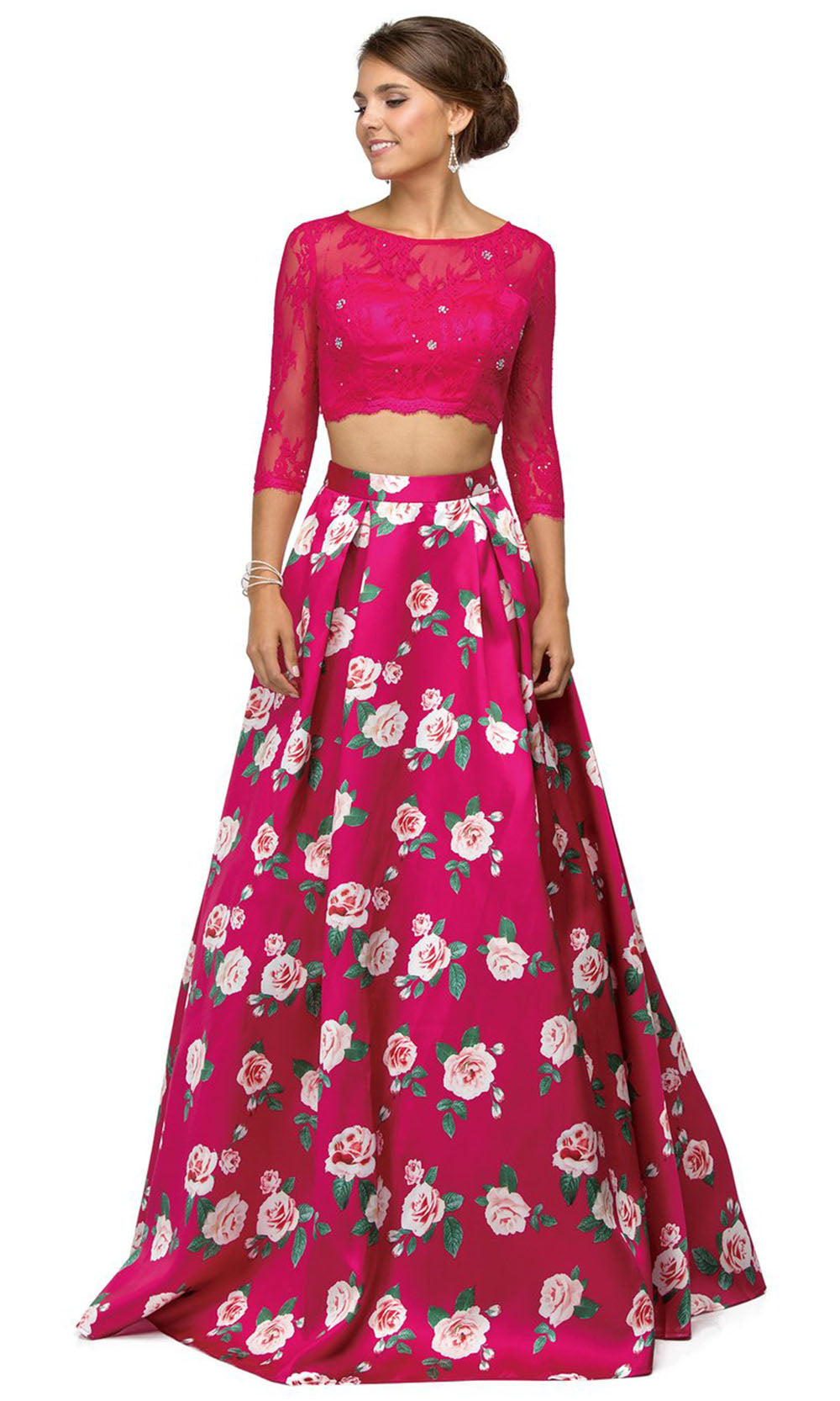Dancing Queen - 9452 Quarter Sleeve Floral Two Piece Ballgown In Pink