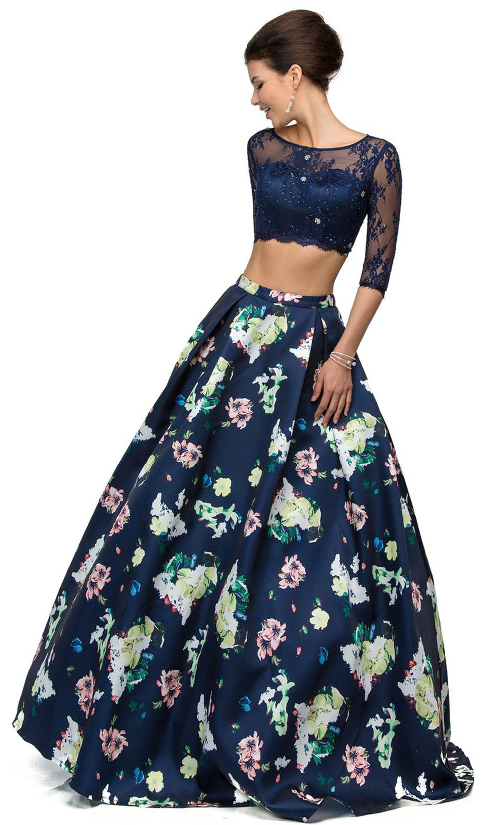 Dancing Queen - 9452 Quarter Sleeve Floral Two Piece Ballgown In Blue