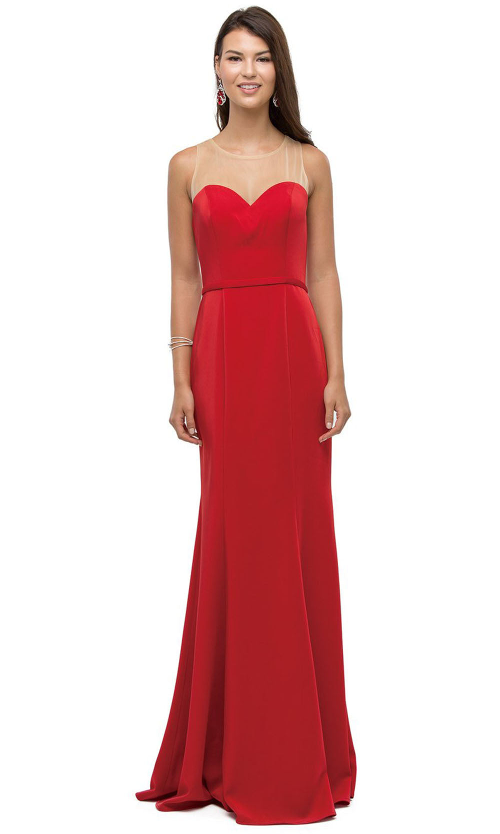 Dancing Queen - 9524 Long Illusion Jewel Sheath Dress In Red