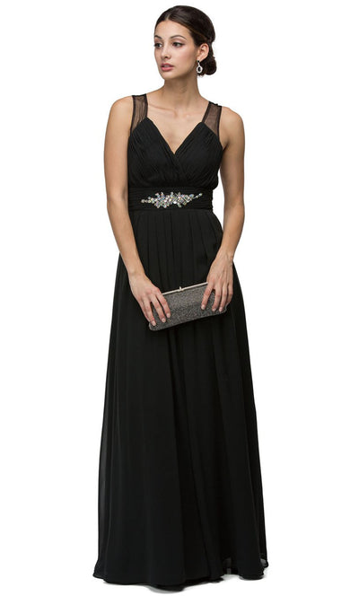 Dancing Queen - 9539 V-Neck Illusion Back Ruched A-Line Gown In Black