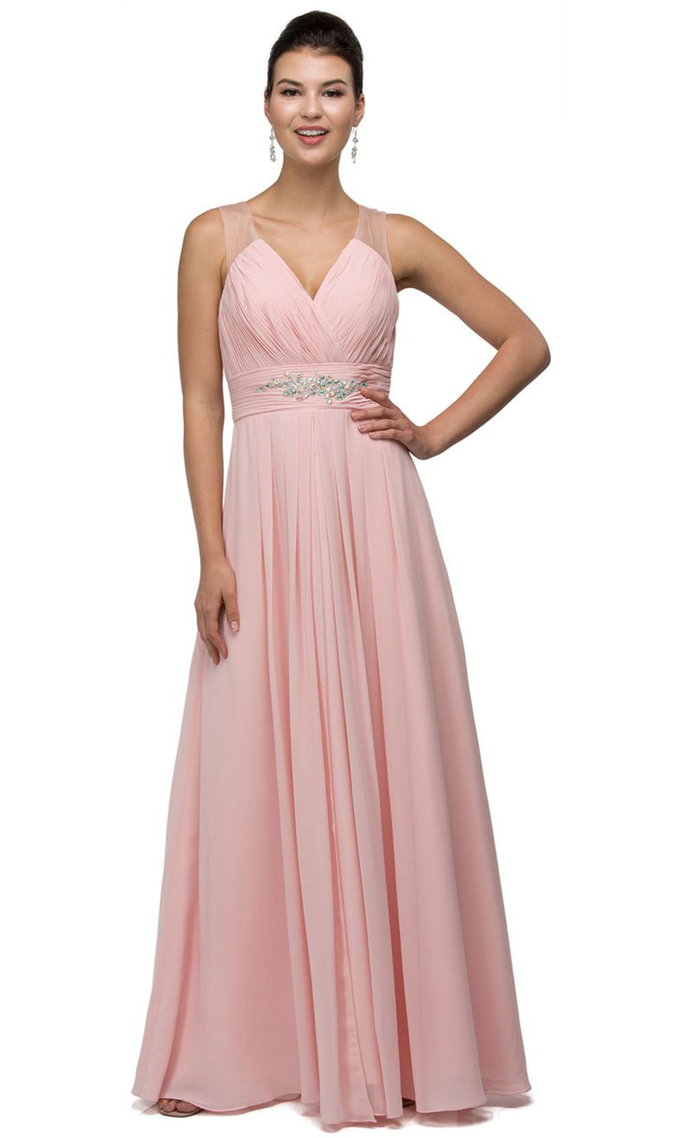 Dancing Queen - 9539 V-Neck Illusion Back Ruched A-Line Gown In Pink
