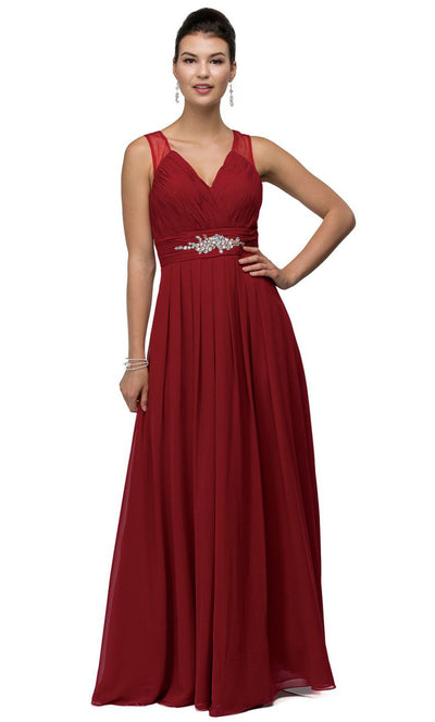Dancing Queen - 9539 V-Neck Illusion Back Ruched A-Line Gown In Burgundy