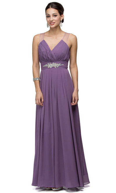 Dancing Queen - 9539 V-Neck Illusion Back Ruched A-Line Gown In Purple