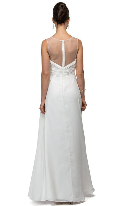 Dancing Queen - 9539 V-Neck Illusion Back Ruched A-Line Gown In White & Ivory