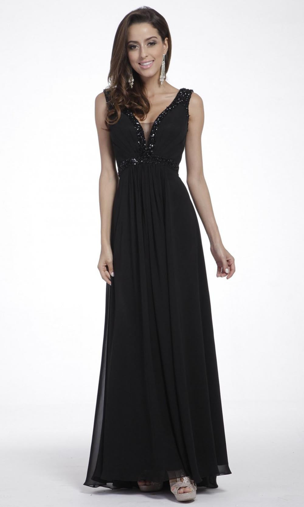 Cinderella Divine - 958 Beaded Trim A-Line Chiffon Dress In Black