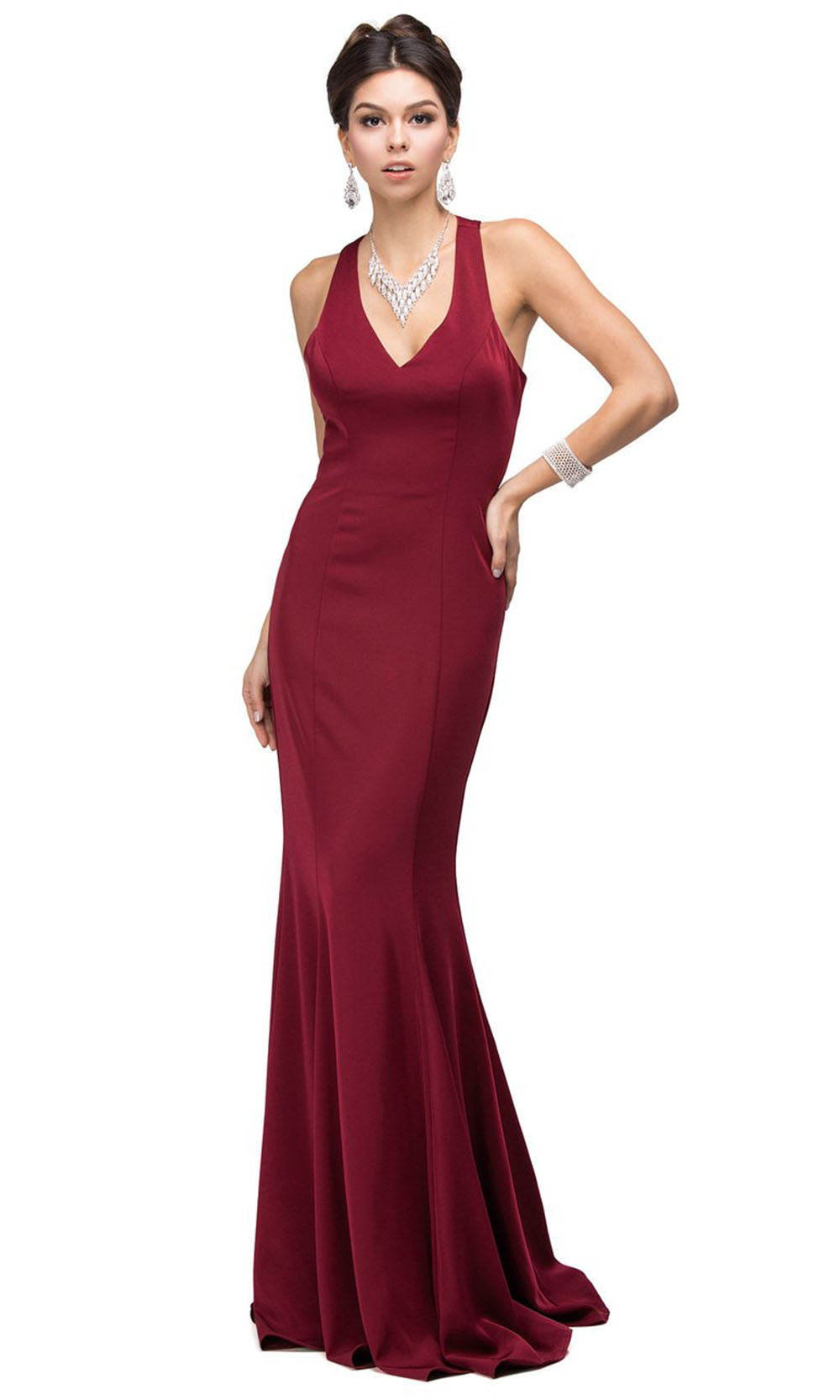 Dancing Queen - 9637 V Neck Fitted Crepe Evening Gown In Red
