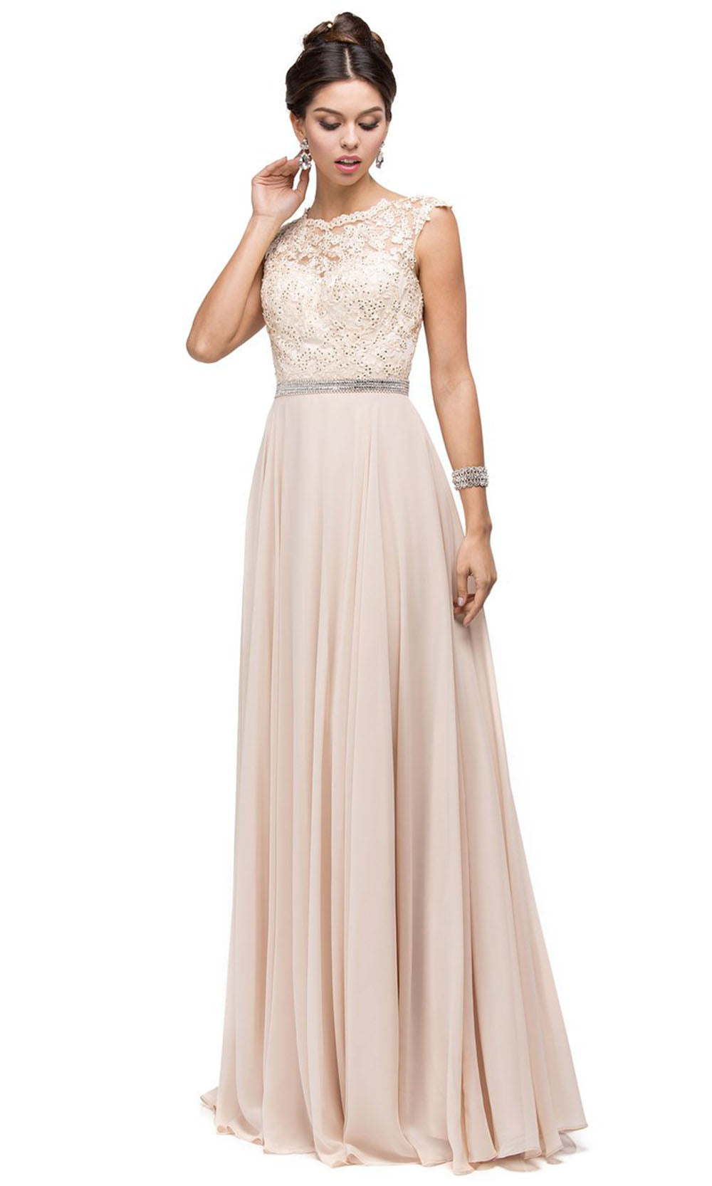 Dancing Queen - 9675 Embroidered Bateau Neck A-Line Gown In Neutral