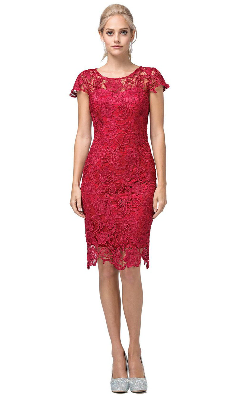Dancing Queen - 9677 Jewel Embroidered Lacey Dress In Red