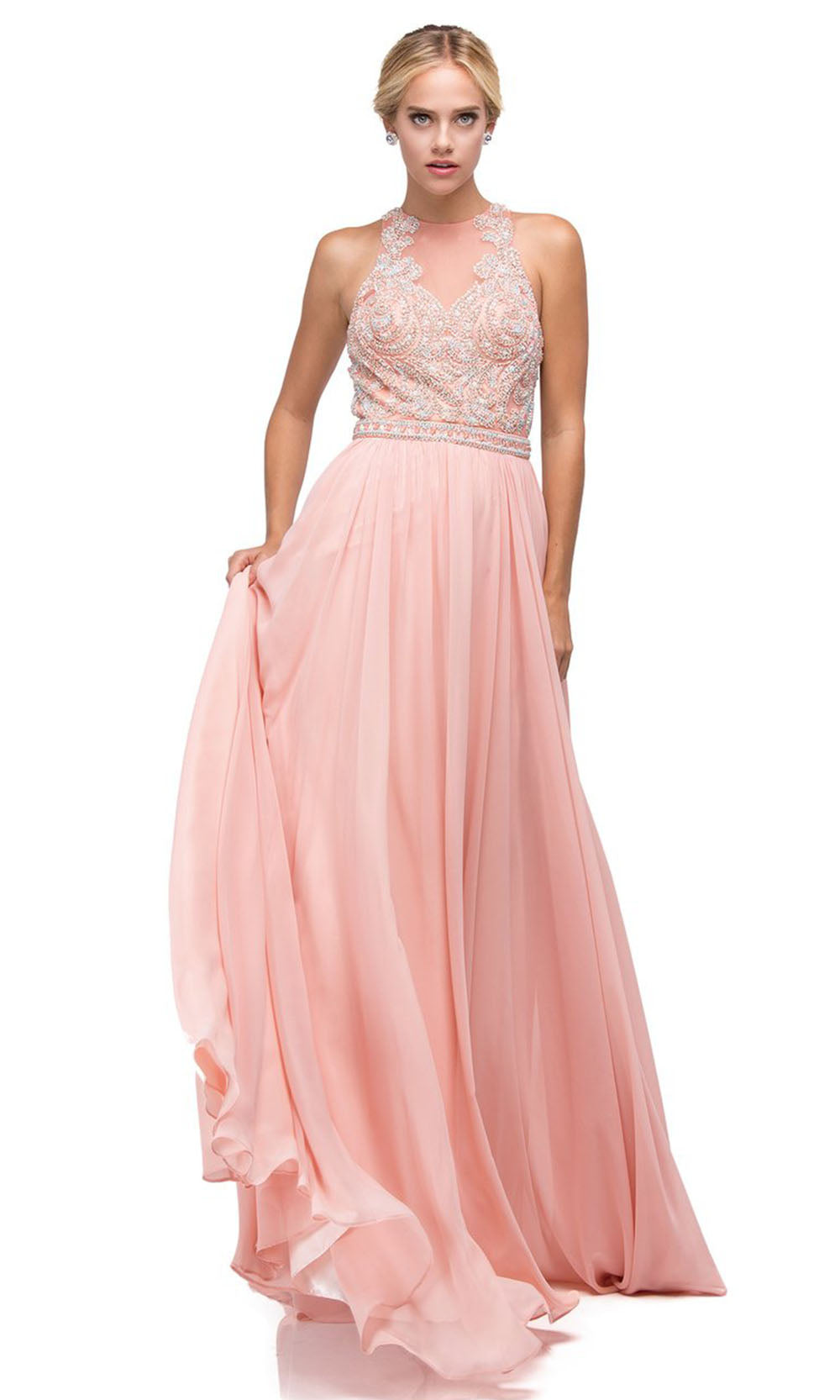 Dancing Queen - 9689 Embroidered Halter Neck A-Line Dress In Pink