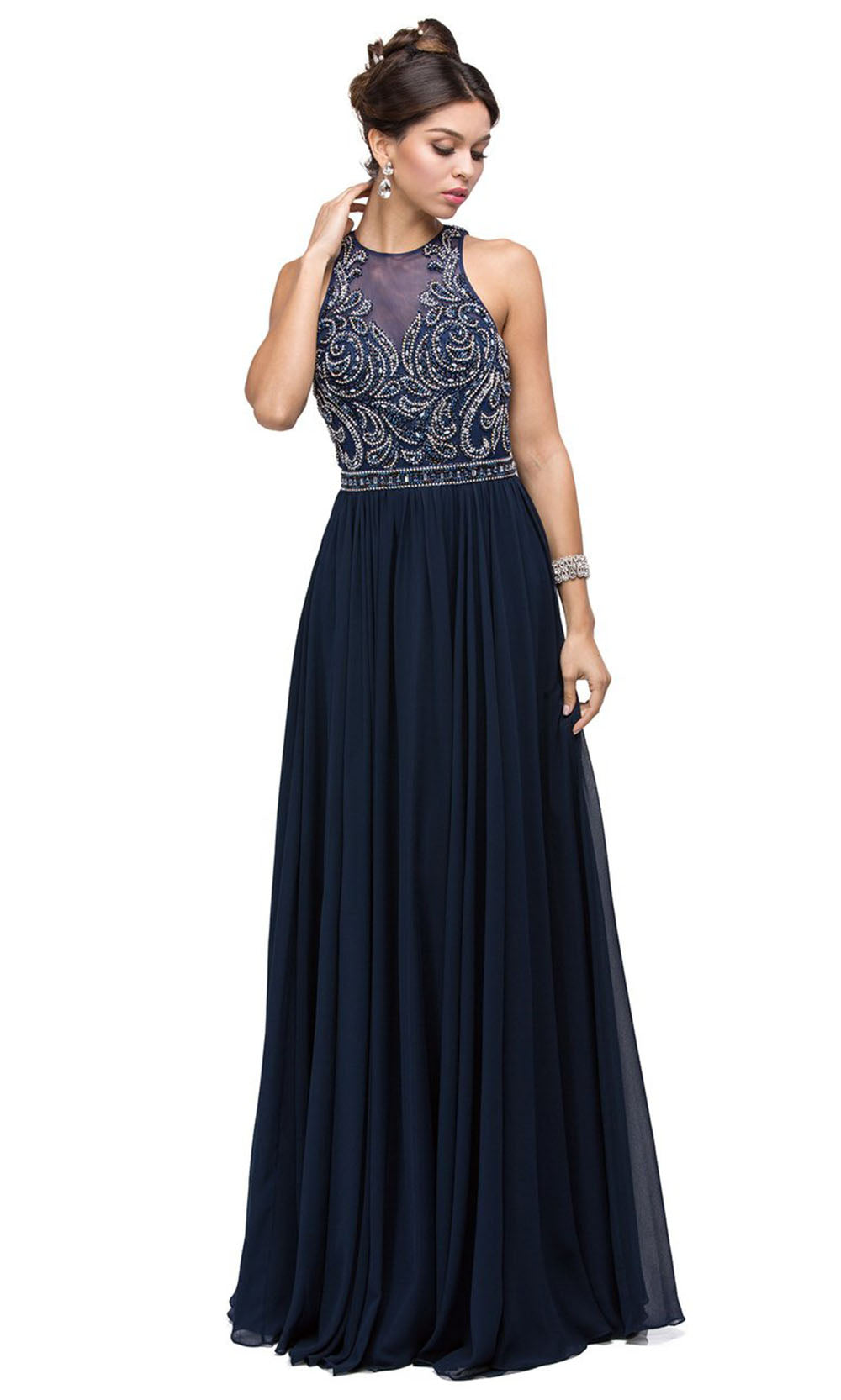 Dancing Queen - 9689 Embroidered Halter Neck A-Line Dress In Blue