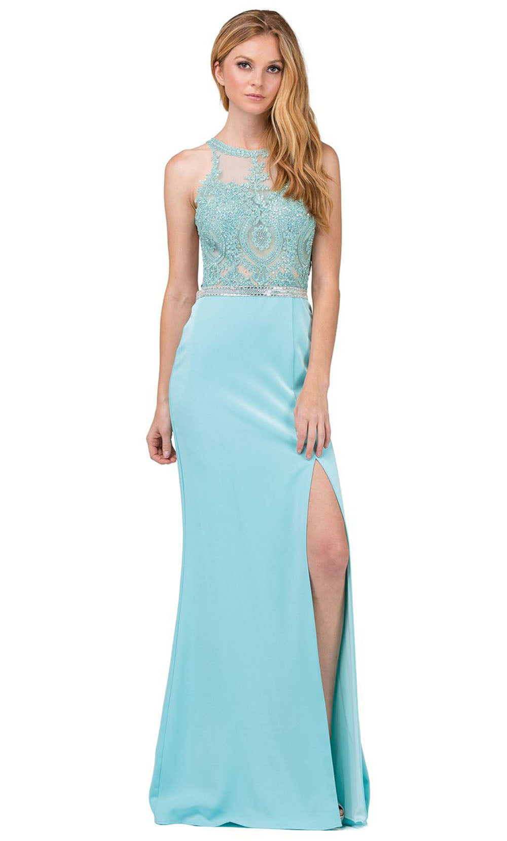 Dancing Queen - 9702 Embroidered Halter Sheath Dress With Slit In Blue