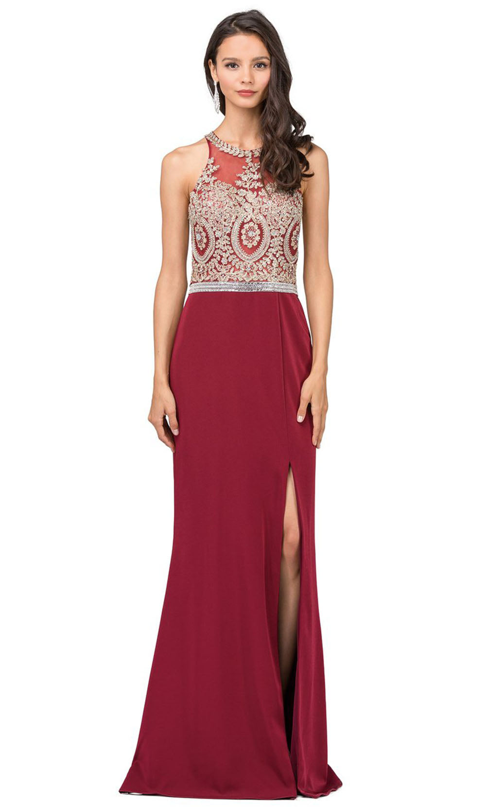 Dancing Queen - 9702 Embroidered Halter Sheath Dress With Slit In Red and Gold