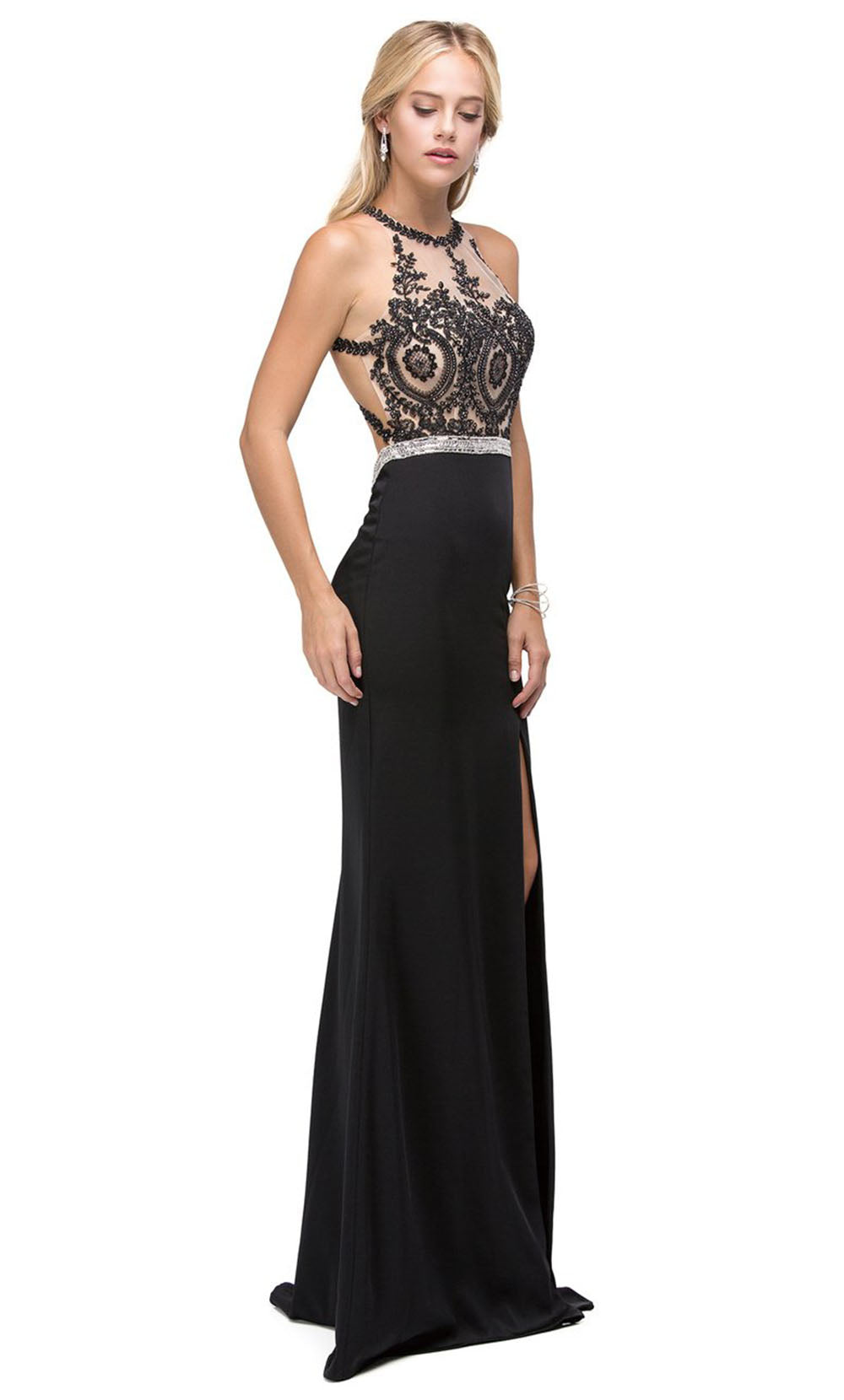 Dancing Queen - 9702 Embroidered Halter Sheath Dress With Slit In Black