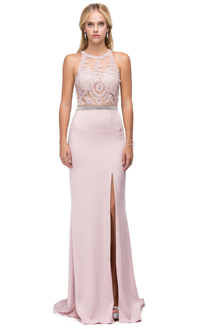 Dancing Queen - 9702 Embroidered Halter Sheath Dress With Slit In Pink