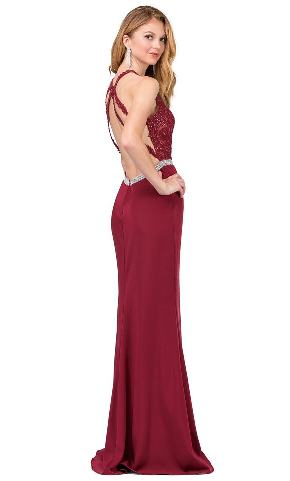 Dancing Queen - 9702 Embroidered Halter Sheath Dress With Slit In Red