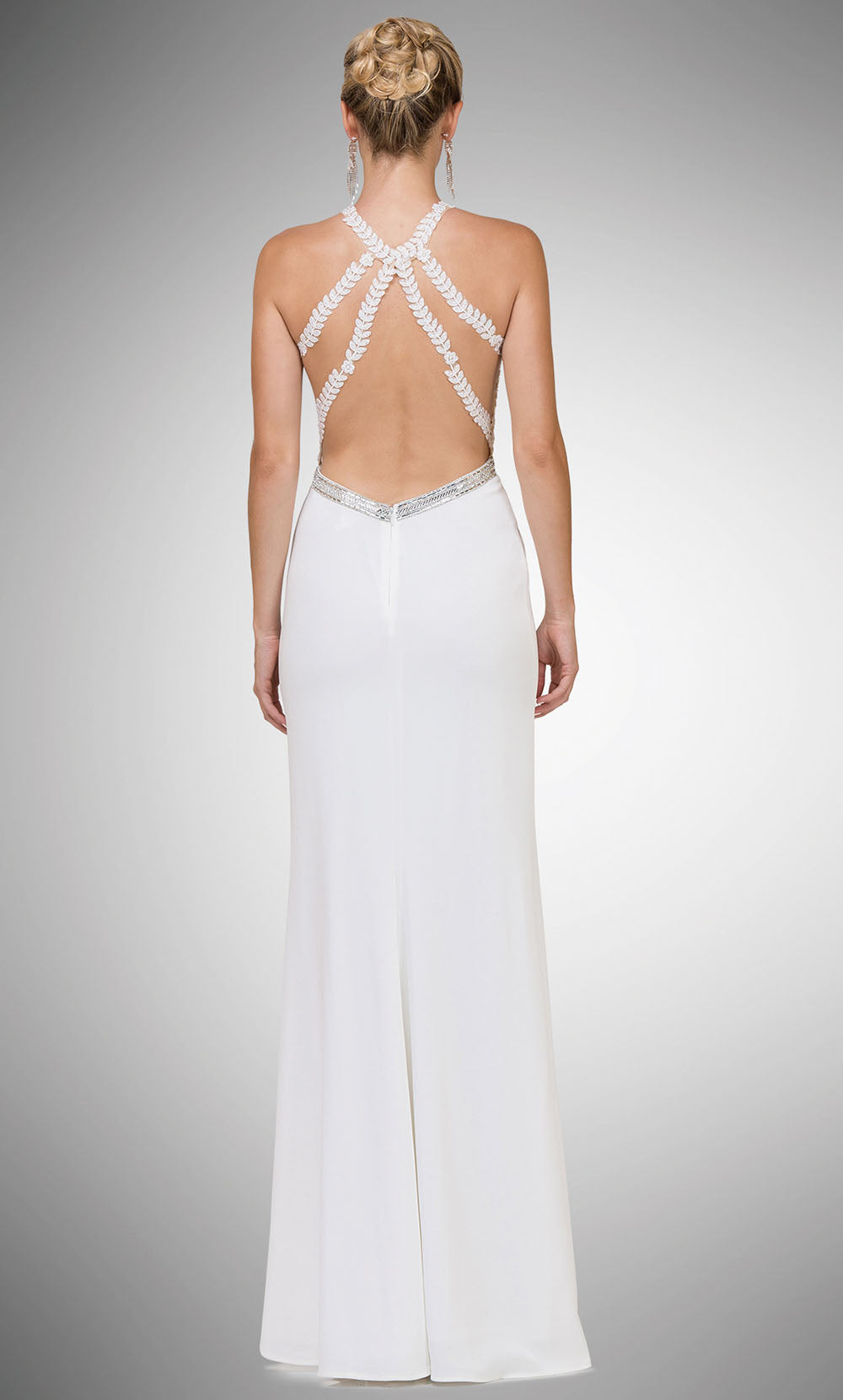 Dancing Queen - 9702 Embroidered Halter Sheath Dress With Slit In White