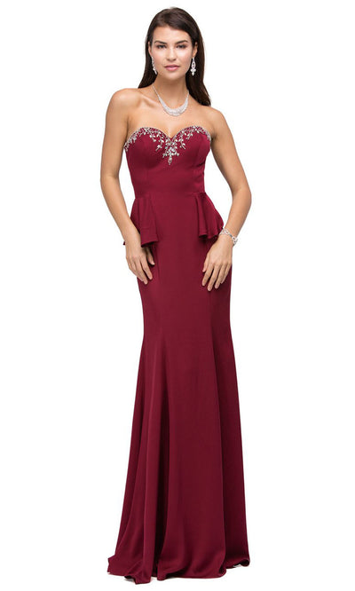 Dancing Queen - 9713 Jeweled Sweetheart Peplum Long Dress In Burgundy