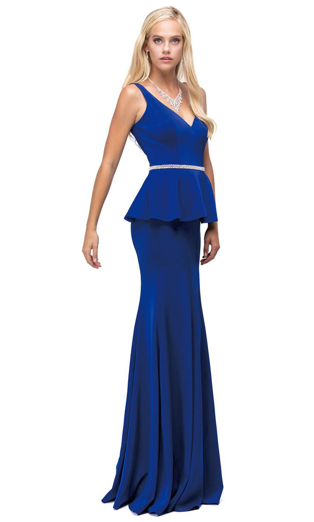 Dancing Queen - 9750 V-Neck Peplum Beaded Waist Mermaid Gown In Blue