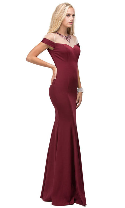 Dancing Queen - 9752 Jeweled Illusion Jewel Short Sleeve Dress In Burgundy