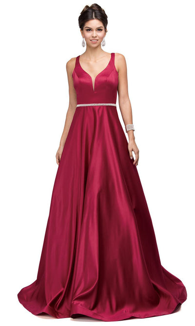 Dancing Queen - 9754 Sleeveless Jeweled Waist A-Line Dress In Burgundy