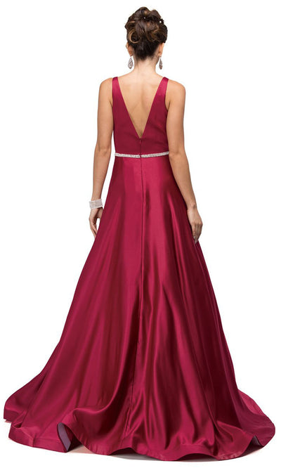 Dancing Queen - 9754 Sleeveless Jeweled Waist A-Line Dress In Burgundy