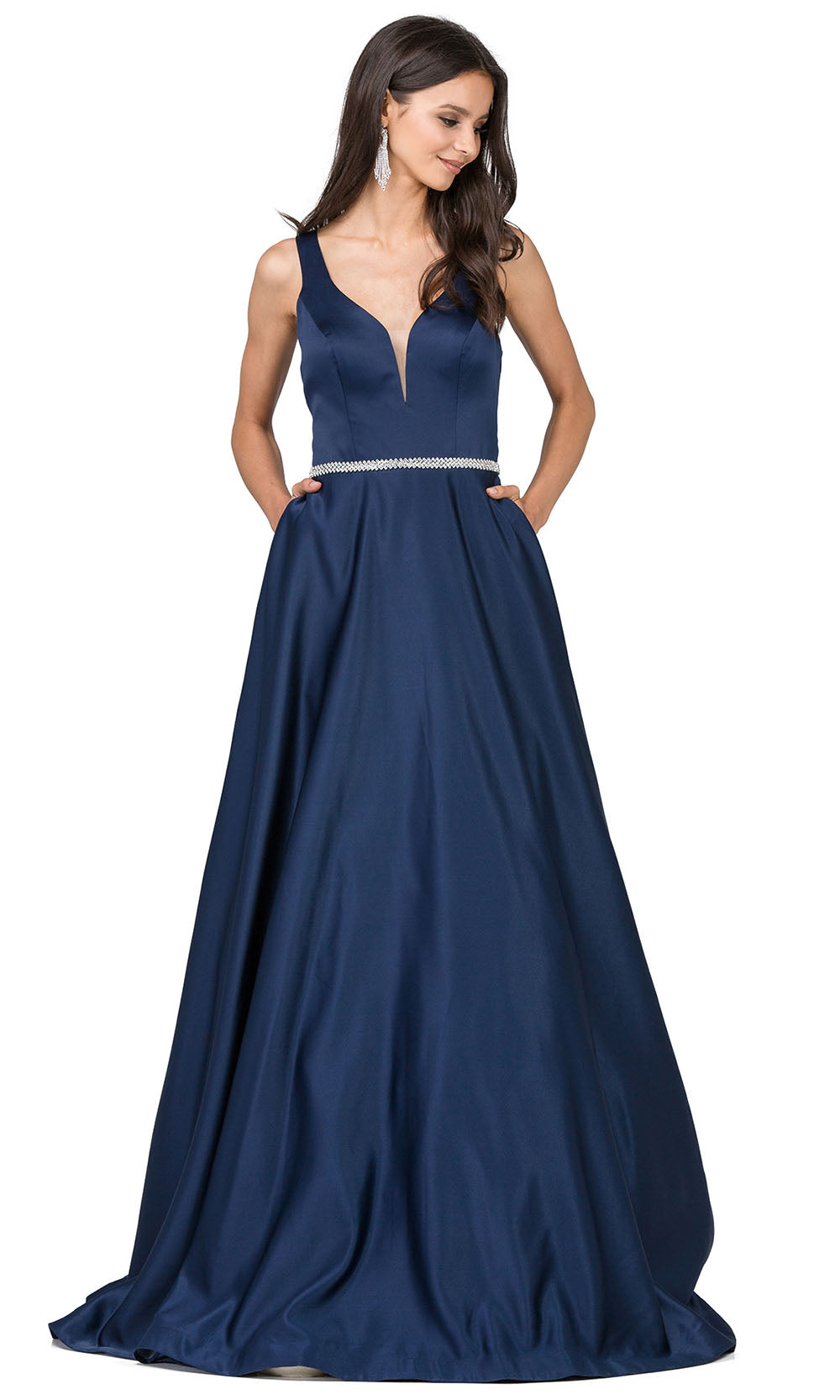 Dancing Queen - 9754 Sleeveless Jeweled Waist A-Line Dress In Blue