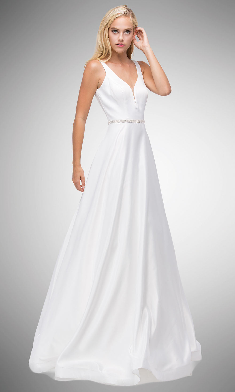 Dancing Queen - 9754 Sleeveless Jeweled Waist A-Line Dress In White & Ivory