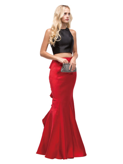 Dancing Queen - 9767 Two-Piece Halter Ruffled Mermaid Dress In Red