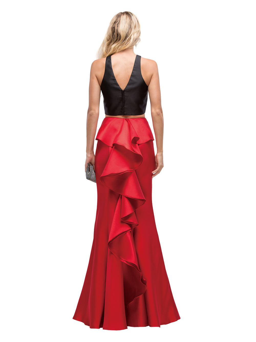 Dancing Queen - 9767 Two-Piece Halter Ruffled Mermaid Dress In Red