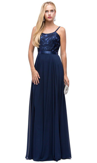 Dancing Queen - 9914 Embroidered Scoop Neck Long A-Line Dress In Blue