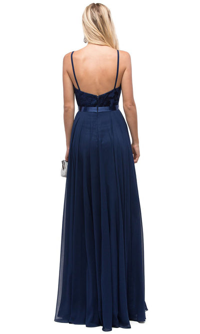 Dancing Queen - 9914 Embroidered Scoop Neck Long A-Line Dress In Blue