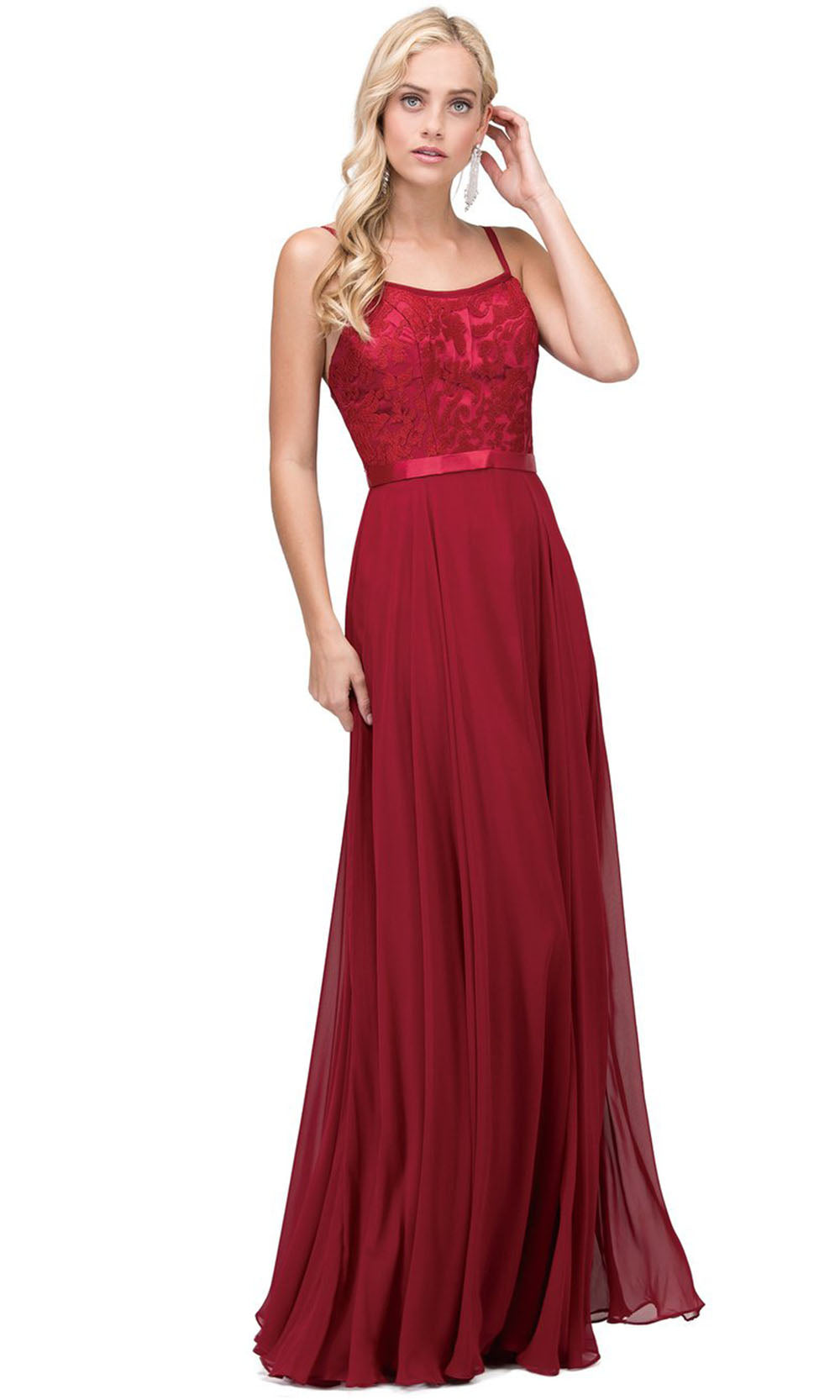 Dancing Queen - 9914 Embroidered Scoop Neck Long A-Line Dress In Red