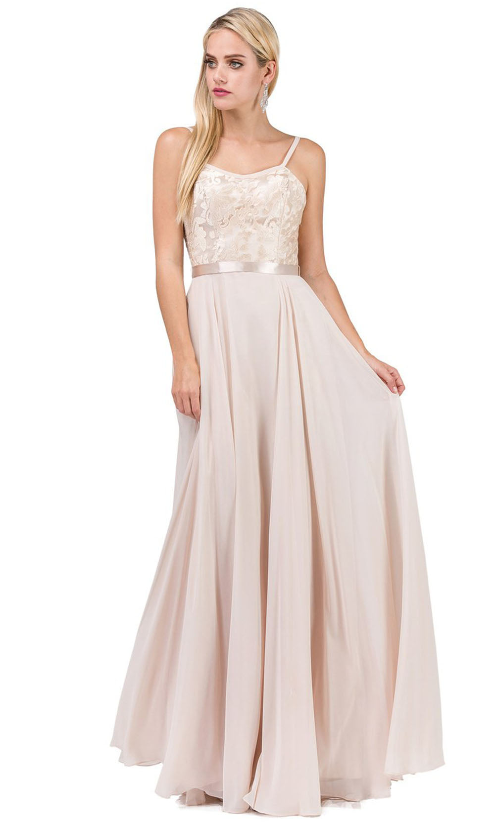 Dancing Queen - 9914 Embroidered Scoop Neck Long A-Line Dress In Neutral