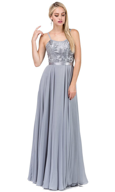 Dancing Queen - 9914 Embroidered Scoop Neck Long A-Line Dress In Silver