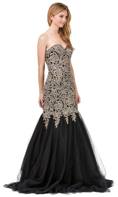 Dancing Queen - 9932 Strapless Beaded Lace Applique Mermaid Gown In Black
