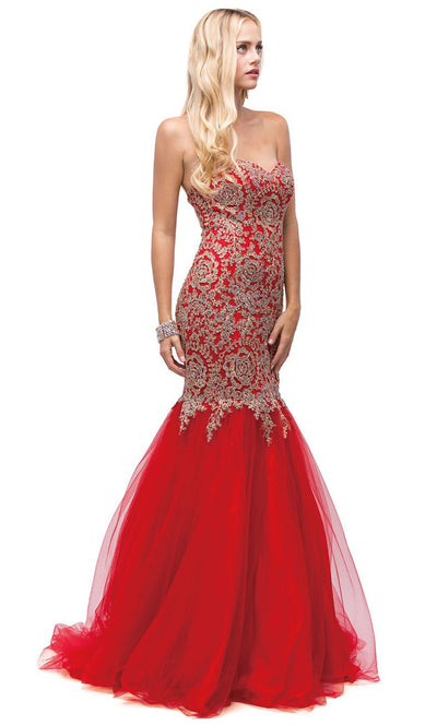 Dancing Queen - 9932 Strapless Beaded Lace Applique Mermaid Gown In Red