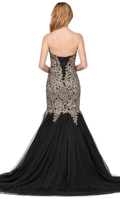 Dancing Queen - 9932 Strapless Beaded Lace Applique Mermaid Gown In Black