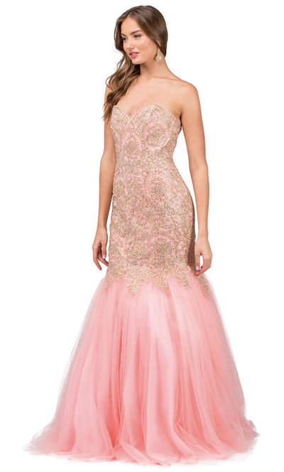 Dancing Queen - 9932 Strapless Beaded Lace Applique Mermaid Gown In Pink