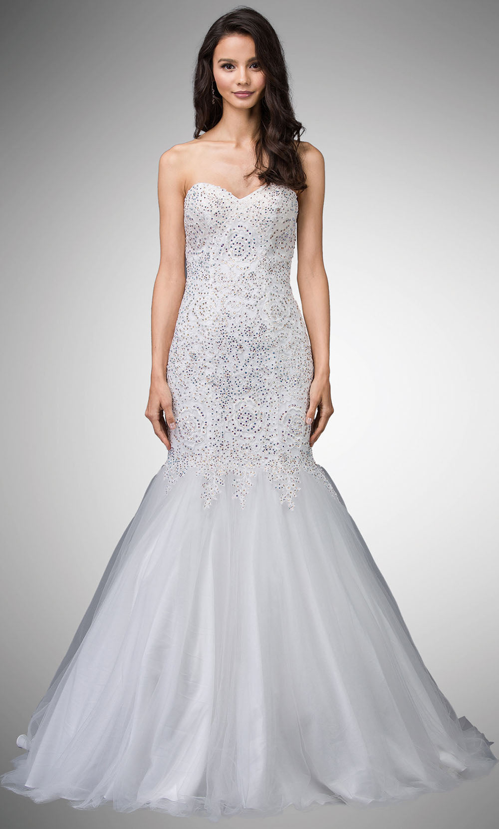 Dancing Queen - 9932 Strapless Beaded Lace Applique Mermaid Gown In White & Ivory