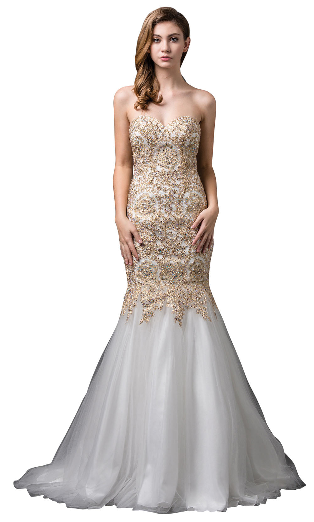 Dancing Queen - 9932 Strapless Beaded Lace Applique Mermaid Gown In Champagne & Gold