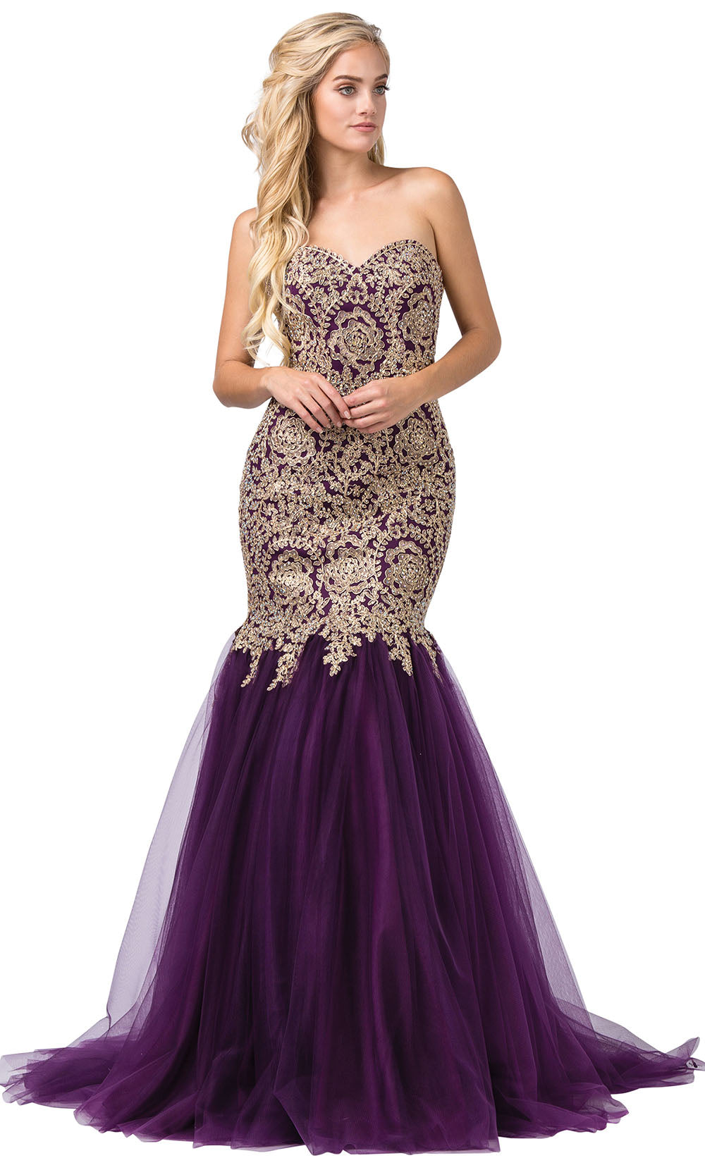 Dancing Queen - 9932 Strapless Beaded Lace Applique Mermaid Gown In Purple