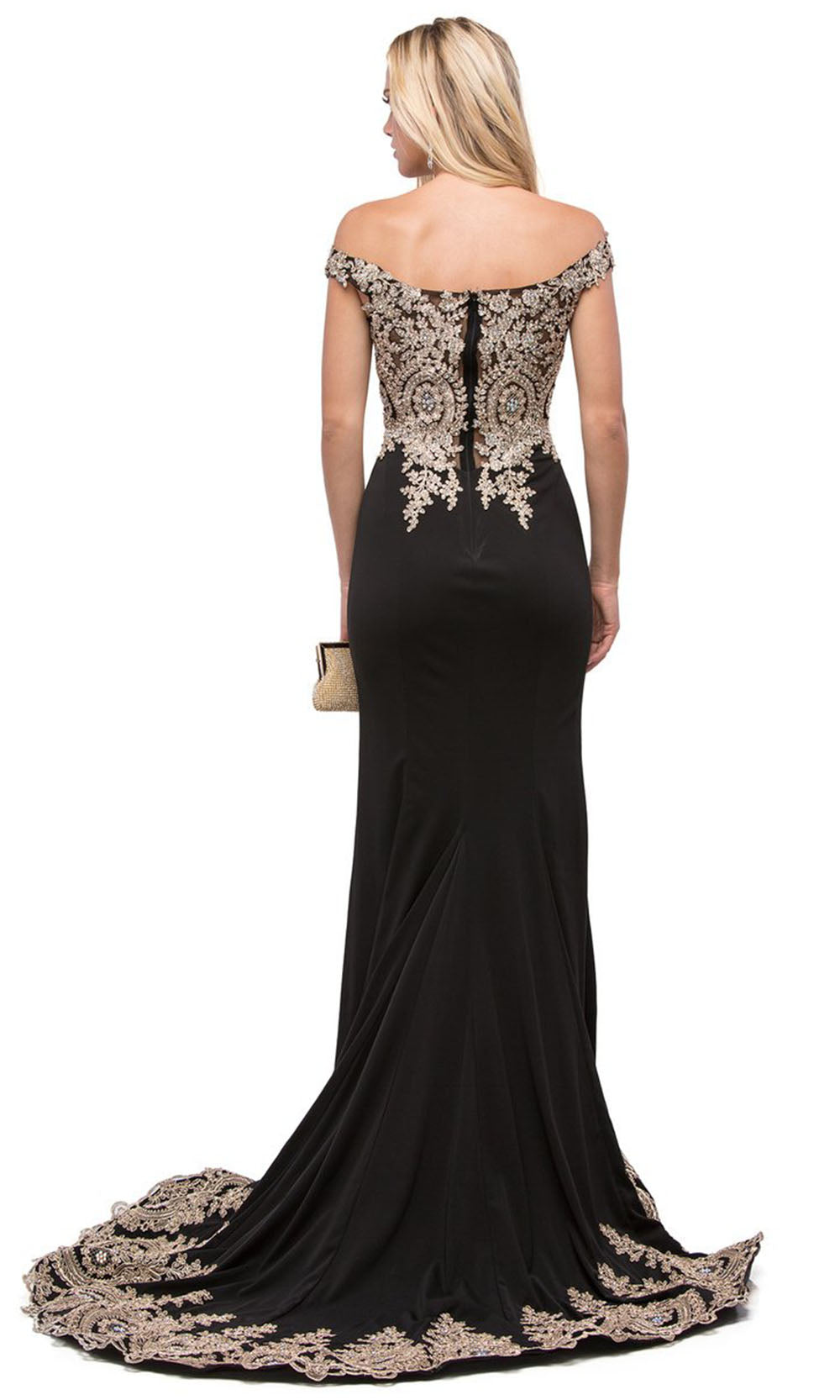 Dancing Queen - 9946 Embroidered Off Shoulder Mermaid Dress With Train In Black
