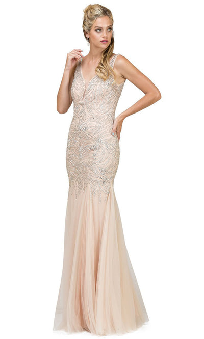 Dancing Queen - 9978 Sleeveless V Neck Crystal Trumpet Gown In Neutral