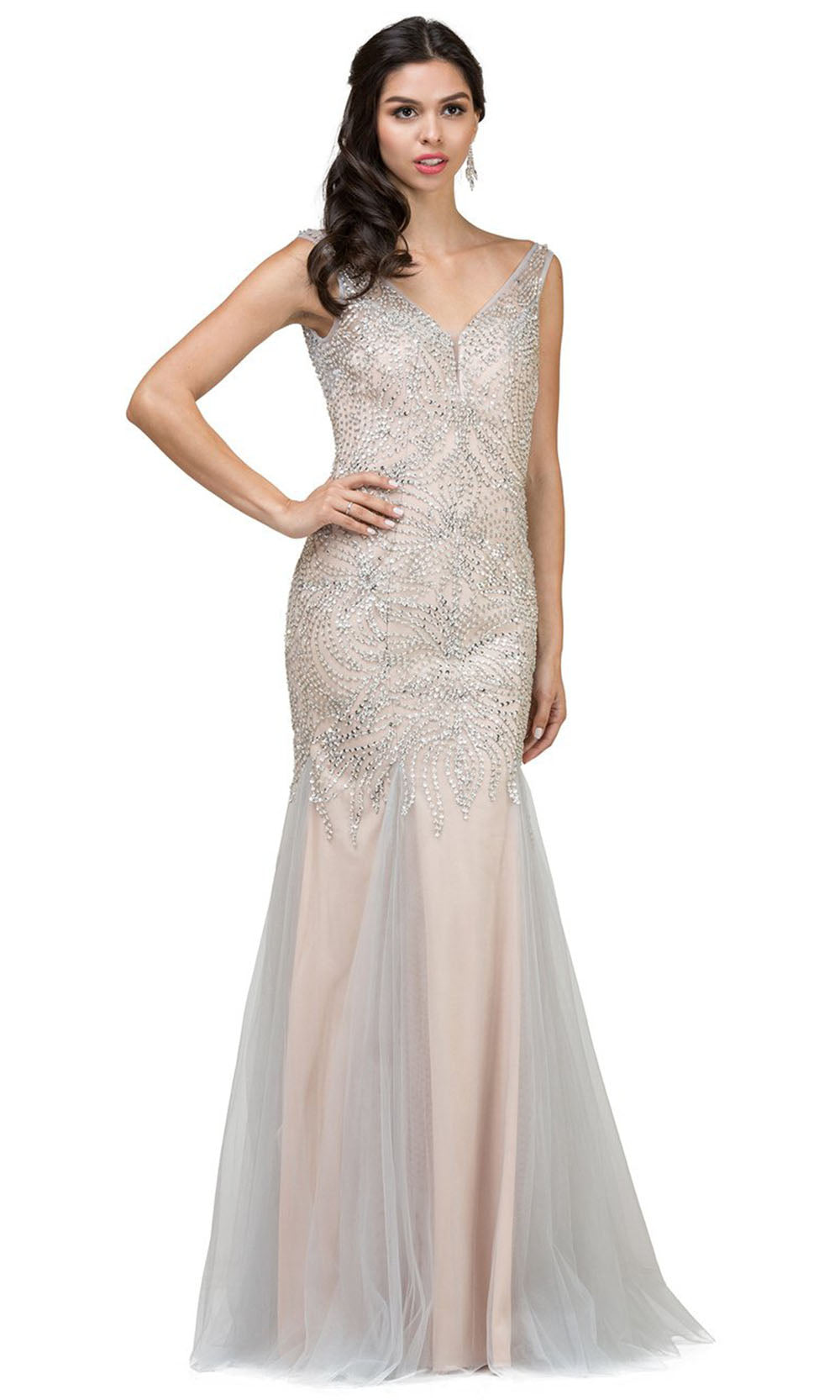 Dancing Queen - 9978 Sleeveless V Neck Crystal Trumpet Gown In Silver