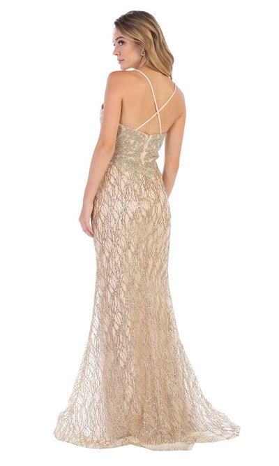 May Queen - RQ7683 Embellished Deep V-Neck Gown In Gold